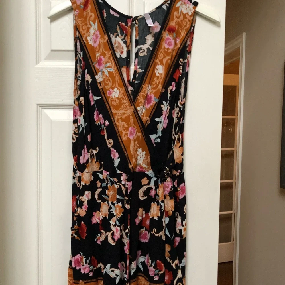 ❄️3/$30 Black Floral Wrap Romper with Mustard Trim - Picture 3 of 6